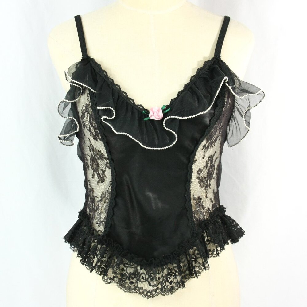 Vintage Sedu Beaded Sheer Black Lace Ruffles Satin Lingerie Teddy Camisole S